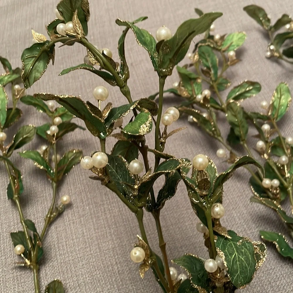 Set of 6 Floral Stems with Artificial Faux Pearls & Gold Glitter Accent Leaves